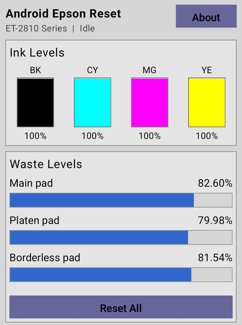 Pantalla de Android Epson Reset: contadores y botones de la app