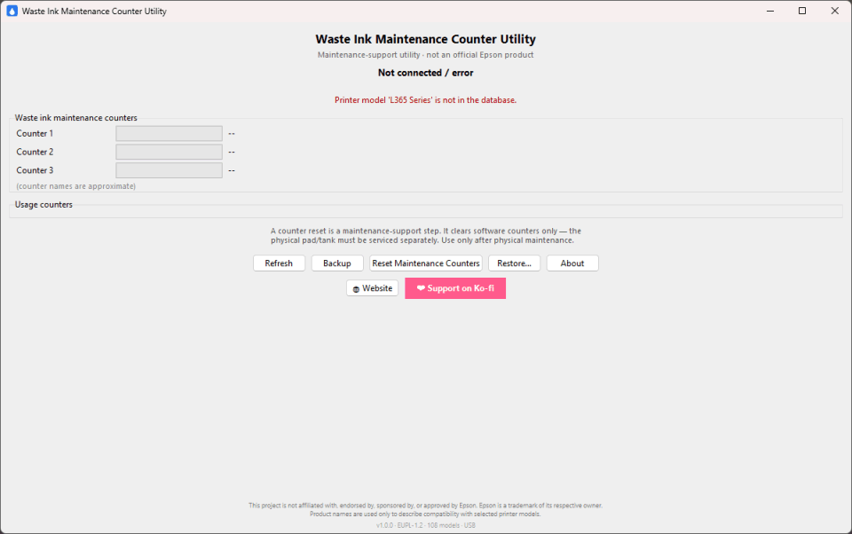 Vista previa de la interfaz de MaintenanceCounterUtility (devmosman)